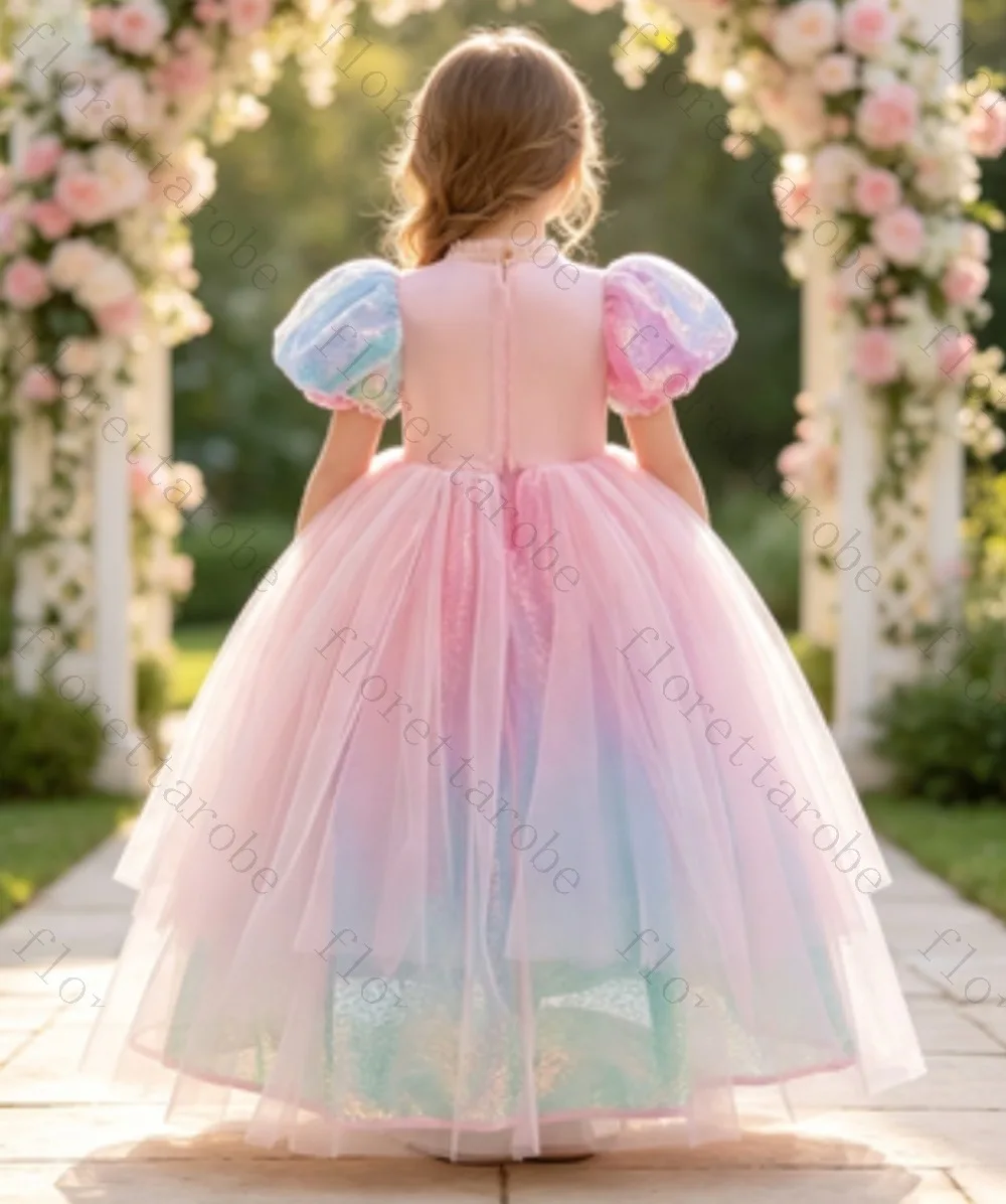 Customized Pastel Rainbow Puff Sleeve Heart Rhinestone Corset Bodice Gradient Sequin Tulle Long Gown for Birthday Party Wedding