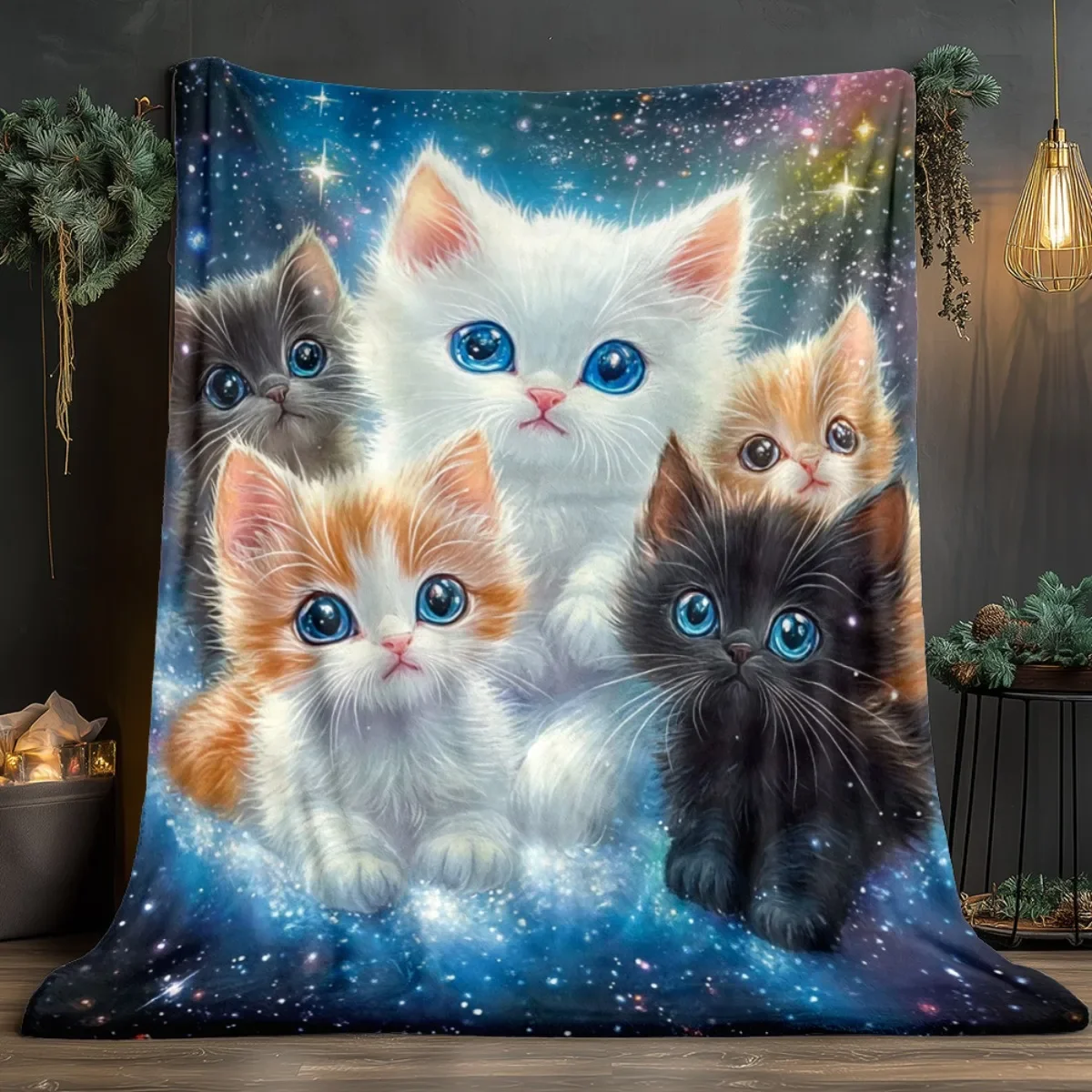 Cute kittens in galaxy space design plush soft flannel blanket for kids and cat lovers dreamy starry night bedding decoration
