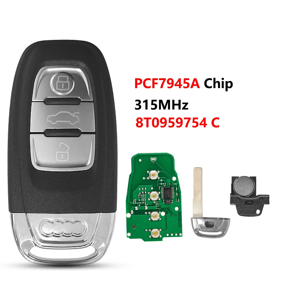 For Audi Car Keys with 3 Buttons and a 7945 Chip 315/433/868 MHz 8T0959754C/D Keyless Smart Remote Key