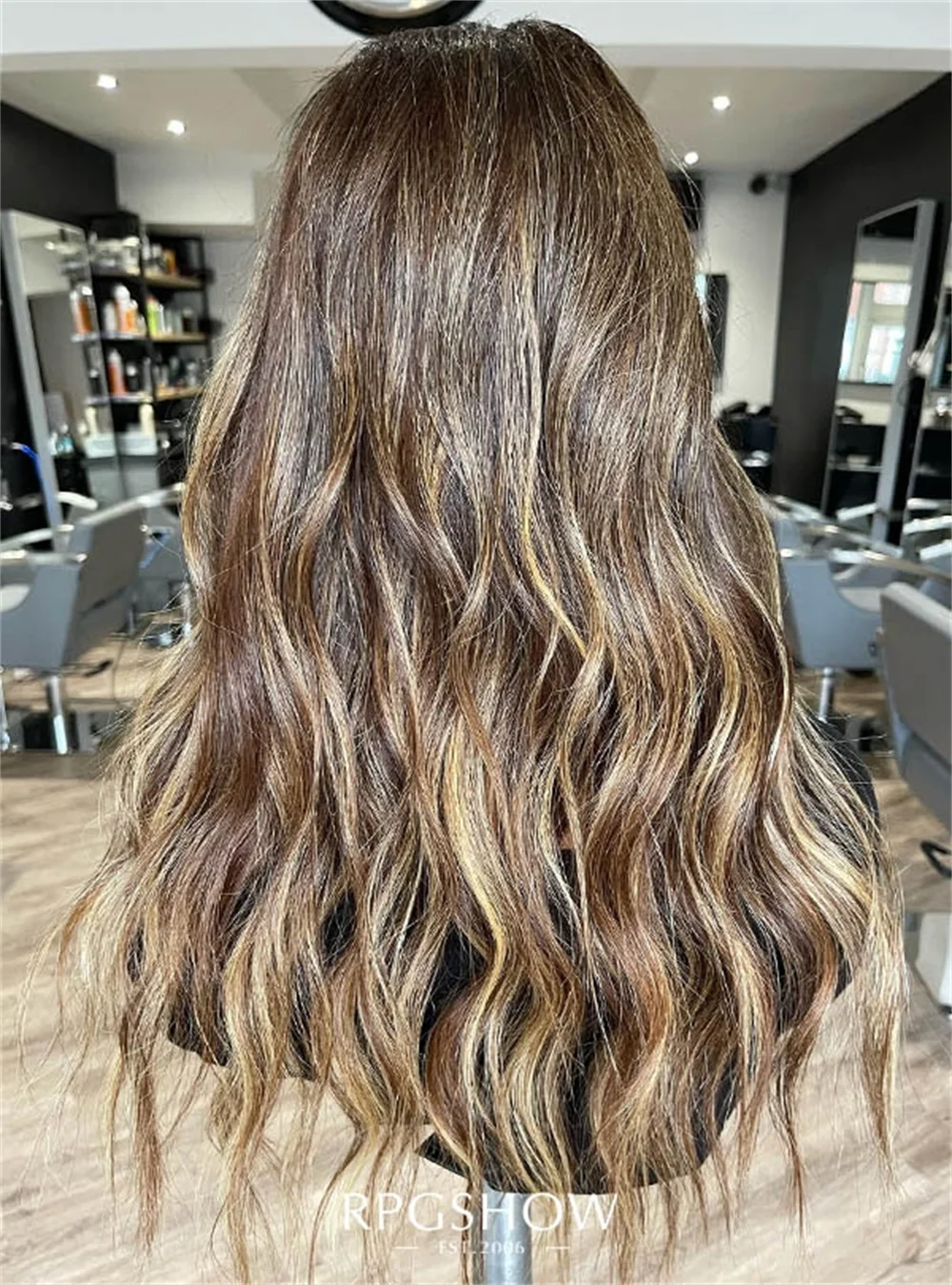 Long Wavy Brunette Brown Synthetic Wig Maxipart Glueless Lace Front with Blonde Highlights Women's Hair Replacement System