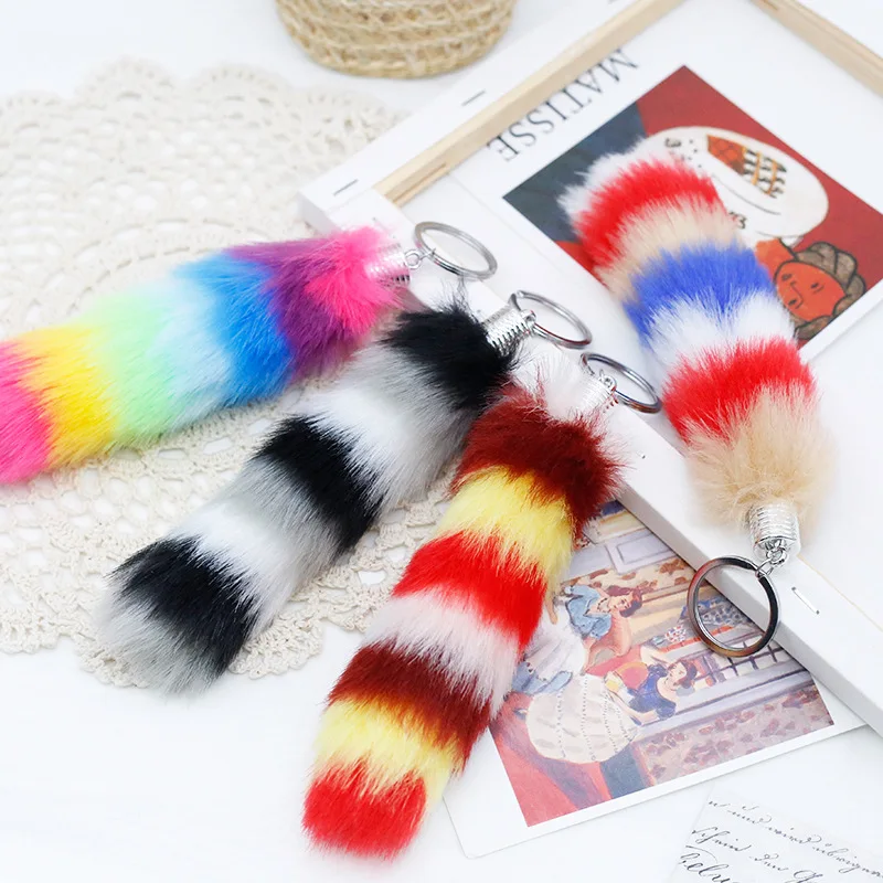 التدرج اللون رقيق الفراء الذيل المفاتيح الكريات شرابة حقيبة قلادة النساء الفتيات لطيف أفخم الحيوان الذيل Keyrings حامل السحر Gif