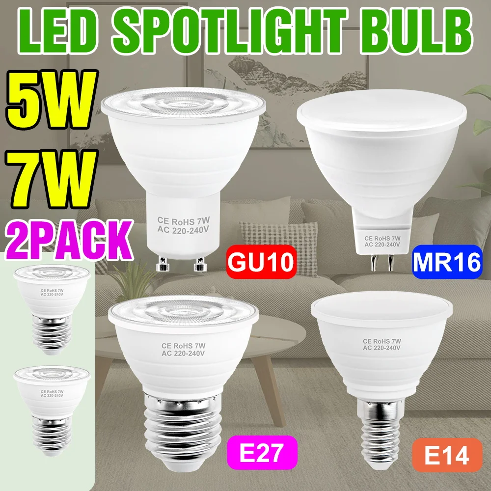 

2 шт. 7 Вт светодиодные лампы-споты высокой яркости 220 В, лампы-колбочки E27, ночник MR16, GU5.3, для дома, кухни, гостиной, потолочное освещение