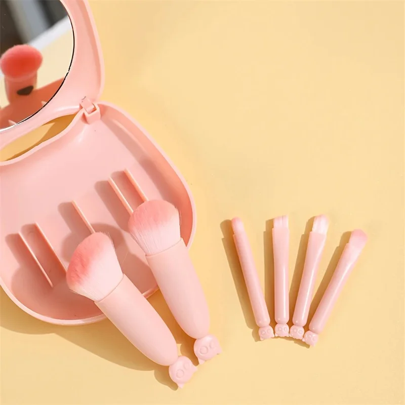 6Pcs Mini Travel Makeup Brushes Set with Mirror Cat Storage Box Travel Makeup Brushes Set Cosmetic Powder Blush Blending Brushes