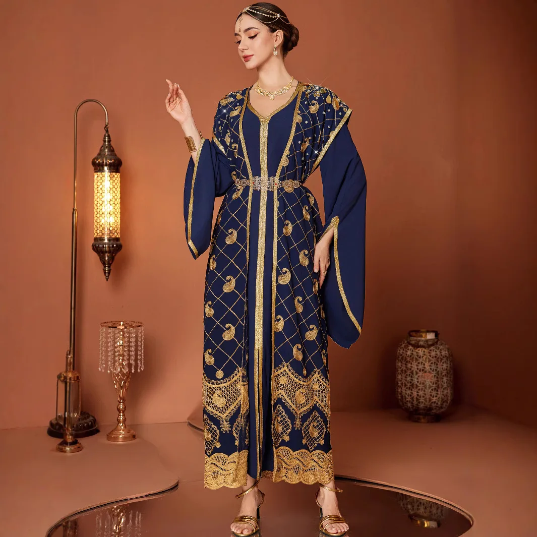 Turkey Middle East Fashion Women Royal Blue Elegant Trendy Loose Fit 2 Pieces Muslim Sets Female Sleeveless Coats Inner Abaya