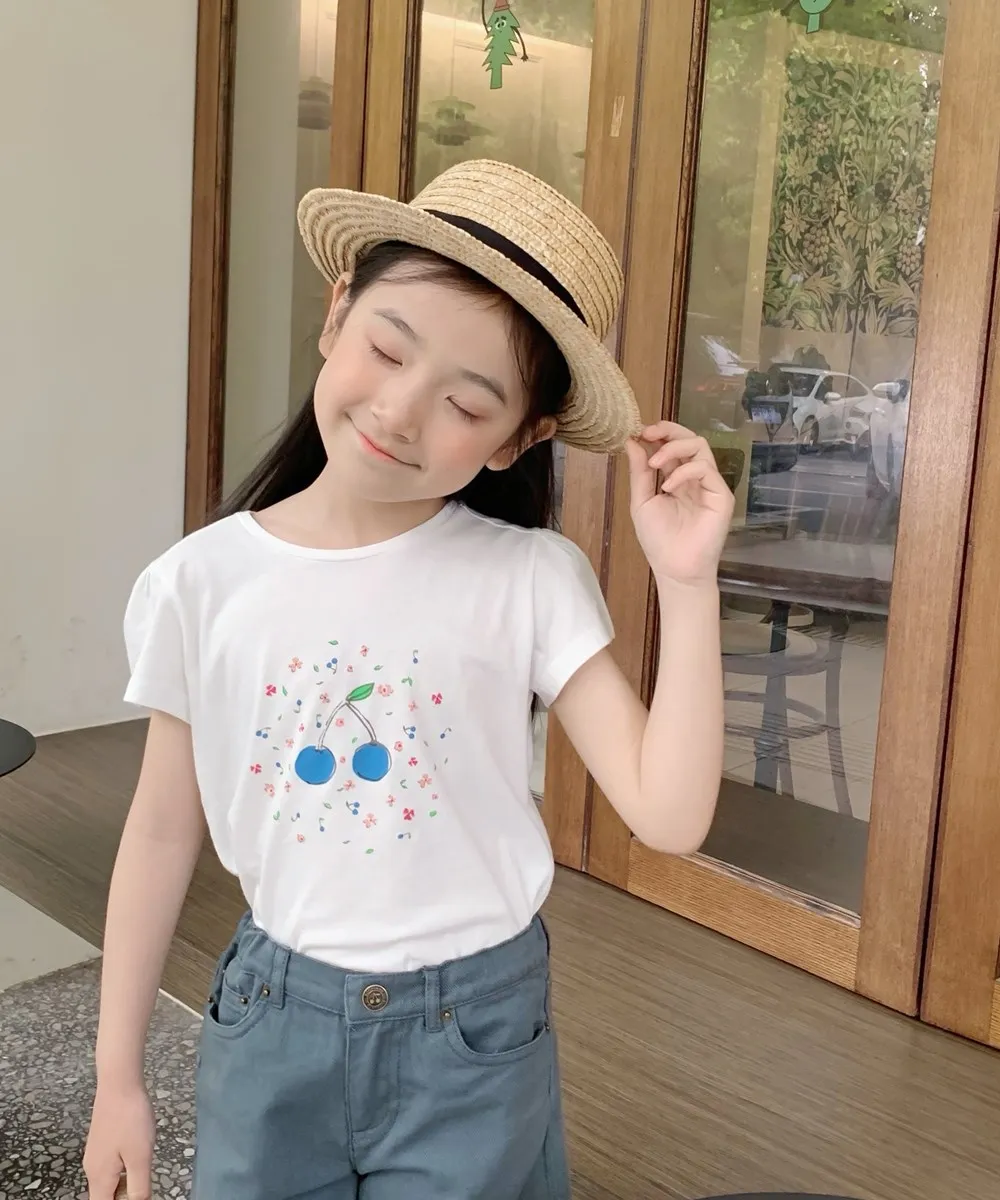 

baby girls clothes girls cotton girl's short sleeved T-shirt blue cherry pattern comfortable top