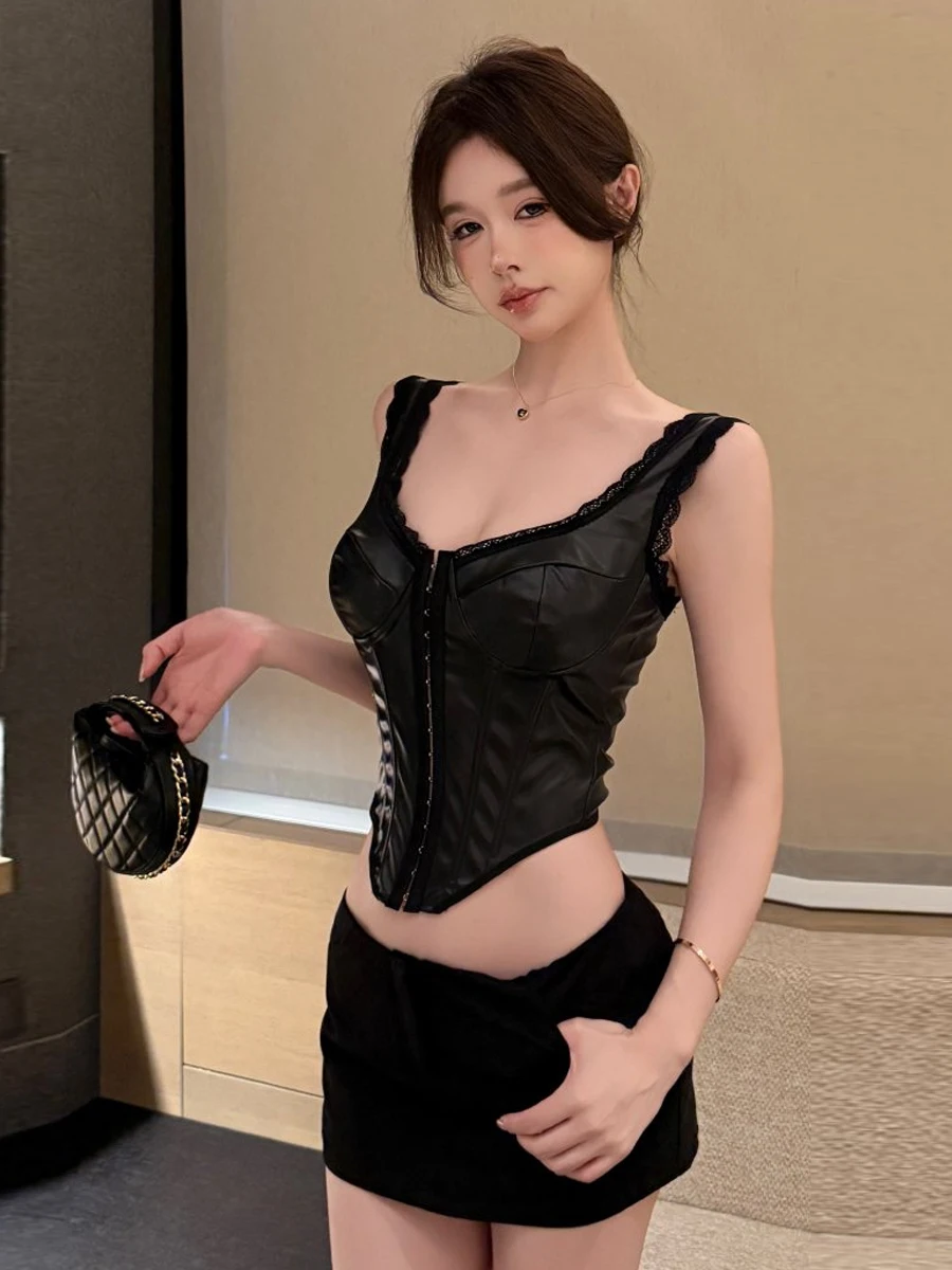 Retro Pure Desire Sexy Lace Square Collar Splice PU Leather Fishbone Button Camisole Hot Girl Inner Wear Top Breathable Short...