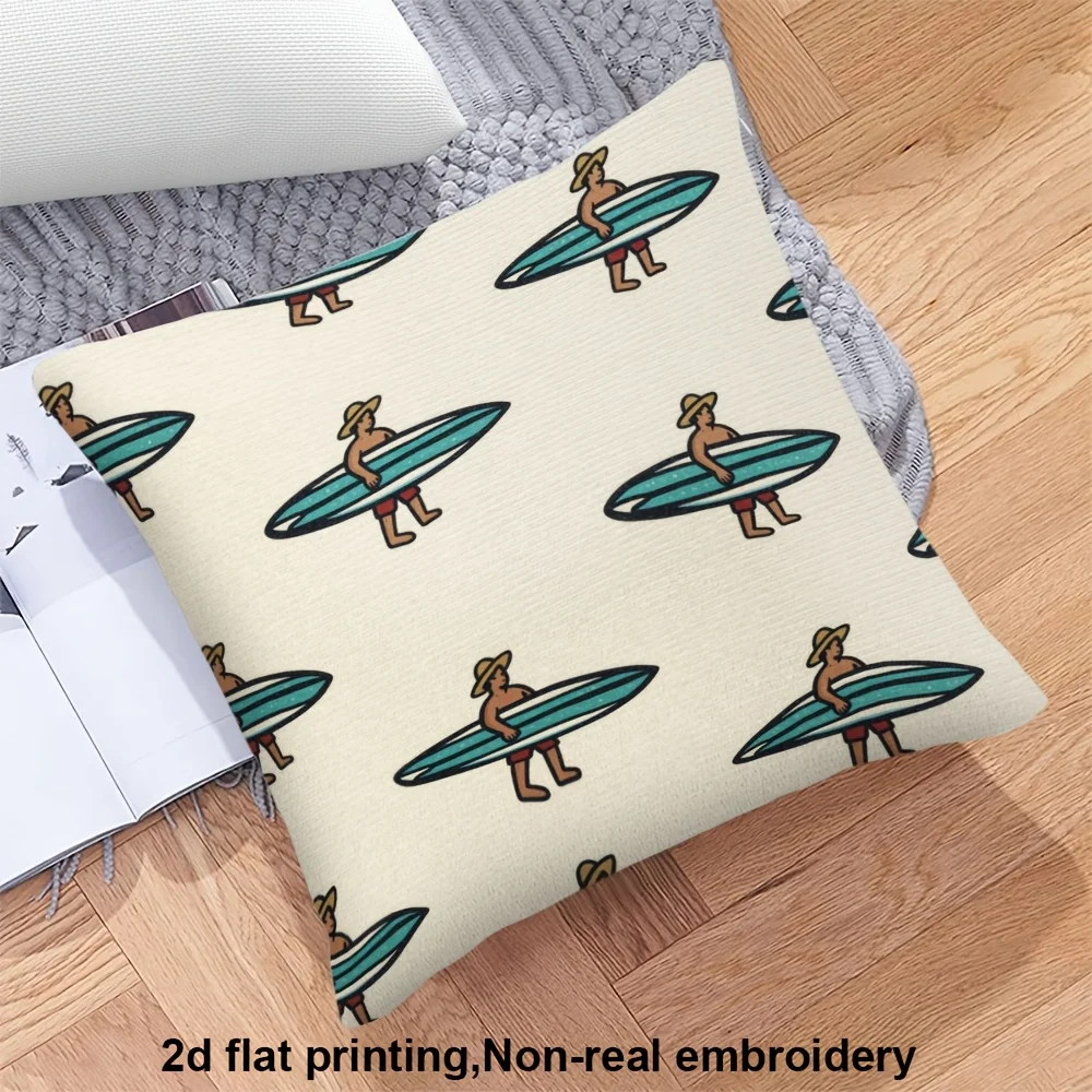 Retro Surfer Girl Pillow Case, Vintage Surfboard Pattern Cushion Cover, Summer Beach Decor for Sofa Bedroom Living Room