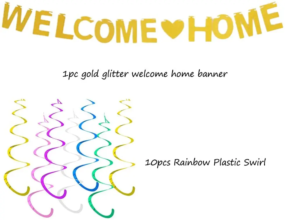 Fangleland Welcome Home Banner Decoration Set for Family Party Decor Gold Glitter Bunting and Hanging Swirls Homecoming Decors