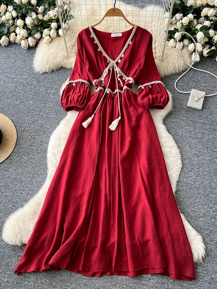 

Summer Women's Ethnic Style Woven Tassel V-neck Short Sleeved Dress, New Beach Vacation Red Waist Cinching Swinging Dress D41