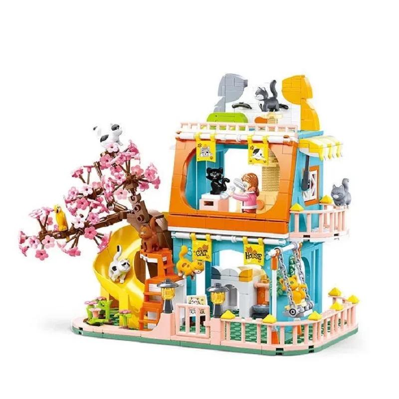 NEW Meow Star Cat Sweet Home Building Blocks City Creativity Street View Lovely House Figures Kids Bricks Toys Girl Gift