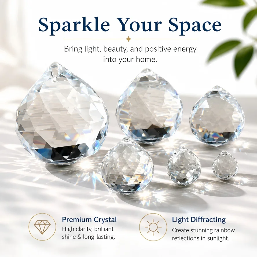 Clear Glass Crystal Ball Prism 20‑60mm Rainbow Suncatcher Hanging Ornament Light Refractor for Lamp Chandelier Wedding Party