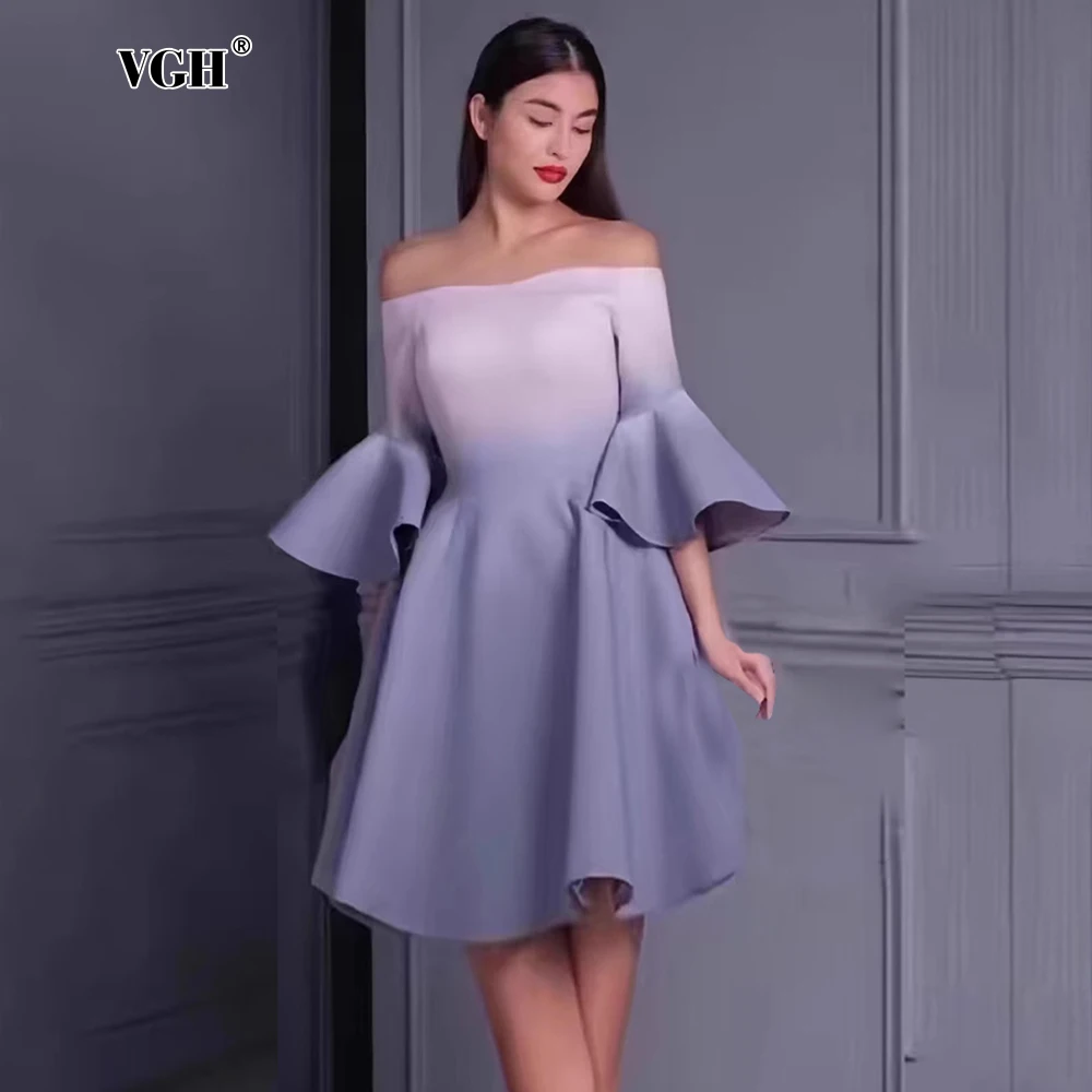 

VGH Hit Color Gradient Slimming Long Dress For Women Slash Neck Off The Shoulder Sleeve High Waist Elegant Evening Dress Female