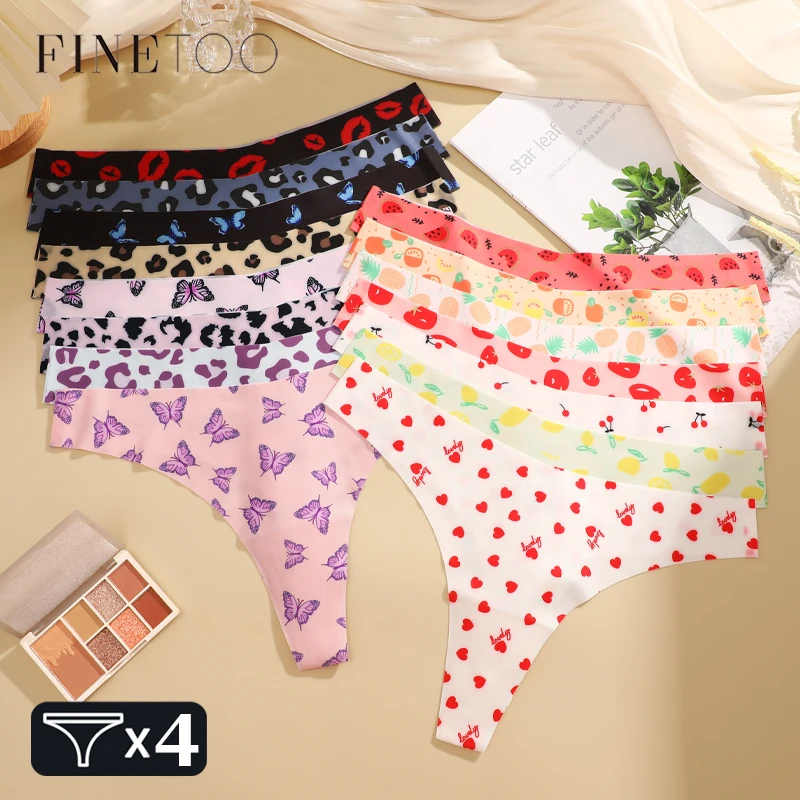 FINETOO 4Pcs Ultra Soft Underwear For Women Sexy Graphic Print Seamless Thongs Female Stretch Leopard G Strings Comfort Lingerie