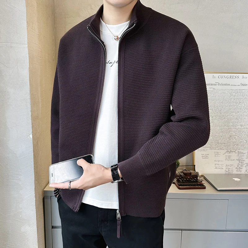 

Мужской модный вязаный кардиган на молнии с воротником-стойкой, повседневный, свободного кроя, дышащий