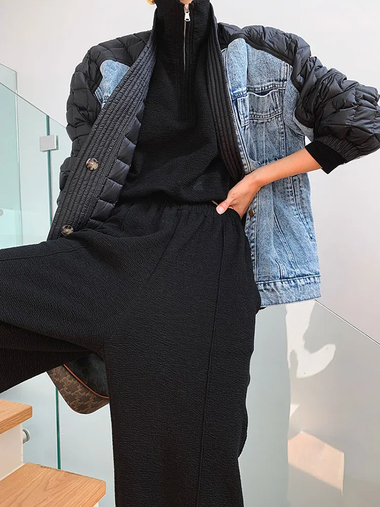 

Denim Stitching Big Size Light Thin Down Coat Women Short Paragraph Loose Warm Winter Jacket Fashion Tide 2022 Autumn Winter New