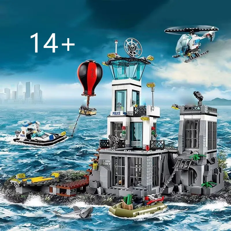 

Городская серия, морской тюрьмовый остров, строительный корабль, модель вертолета, креативные строительные блоки, игрушка, детская сборная игрушка для детей, подарки