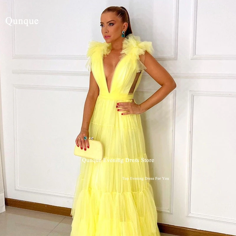 

Qunque Deep V-neck Prom Dresses Chic Yellow Evening Dress Elegant Ladies A-line 2024 Formal Occasion Party Vestidos De Noche