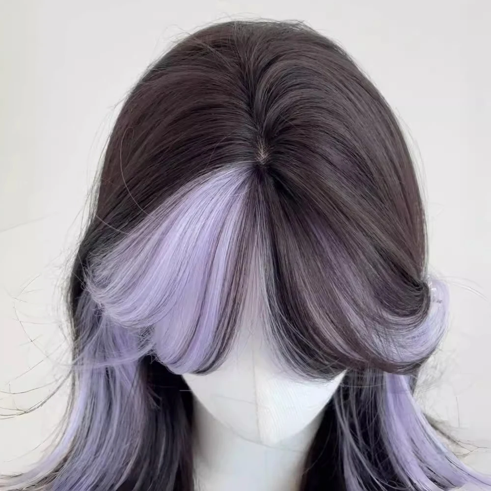 Synthetic Medium Long Ombre Black Purple Highlights Wig Wavy Fluffy Lolita Cosplay Heat Resistant Wig for Daily Party