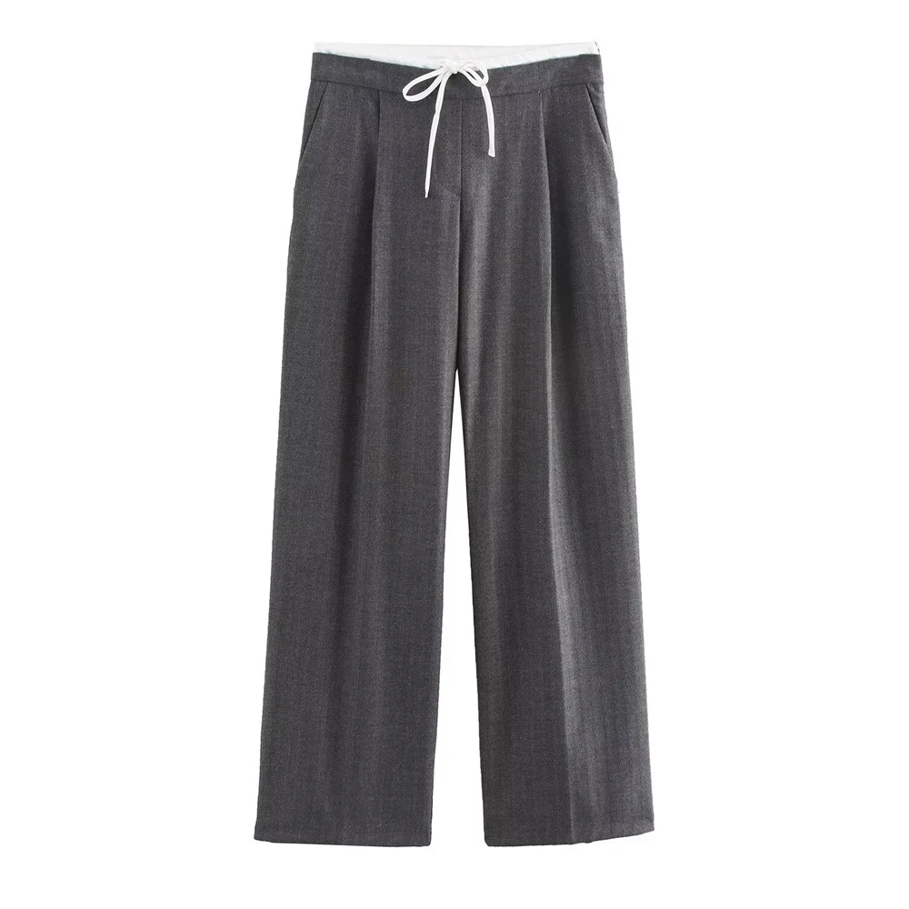 Outono novo produto feminino rendas até dobrado cintura alta tubo reto emenda dupla camada cintura calças largas perna