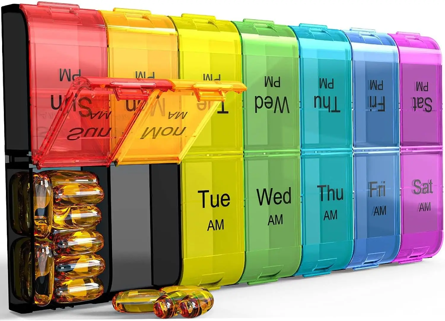 Organizador de Pastillas Extra Grande, 2 Veces al Día, Estuche Semanal XL AM PM, Pastillero de 7 Días, Organizador Diario de Medicamentos para Vitaminas, Contenedor Grande para Pastillas, Dispensador de Medicamentos (Arcoíris)