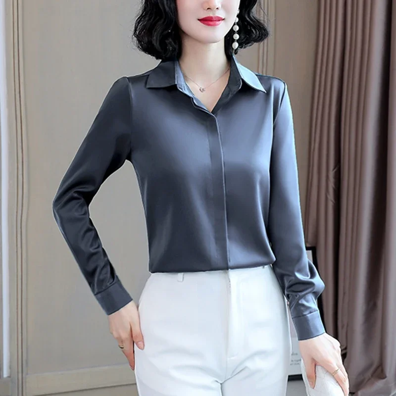 Femmes soie bureau chemise 2025 mode à manches longues décontracté femmes hauts élégant dames Vintage blanc Satin Blouses chemises surdimensionnées