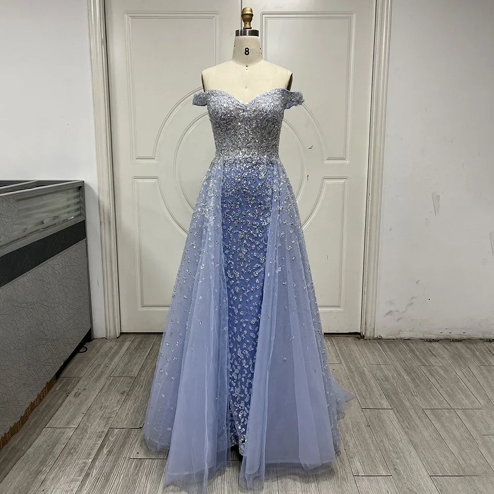 sachin and babi light blue dress Celestial Lace Double High Slit Evening Dress – Donny's Angel main image 1