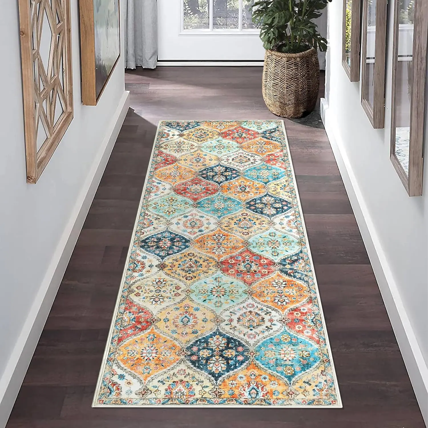 Waschbarer 60 x 230 cm großer Läuferteppich, rutschfest, niedrigflorig, mit Gummiboden, Blumenmuster, Vintage-Teppich für Flure, Eingangsbereich, Wohnzimmer