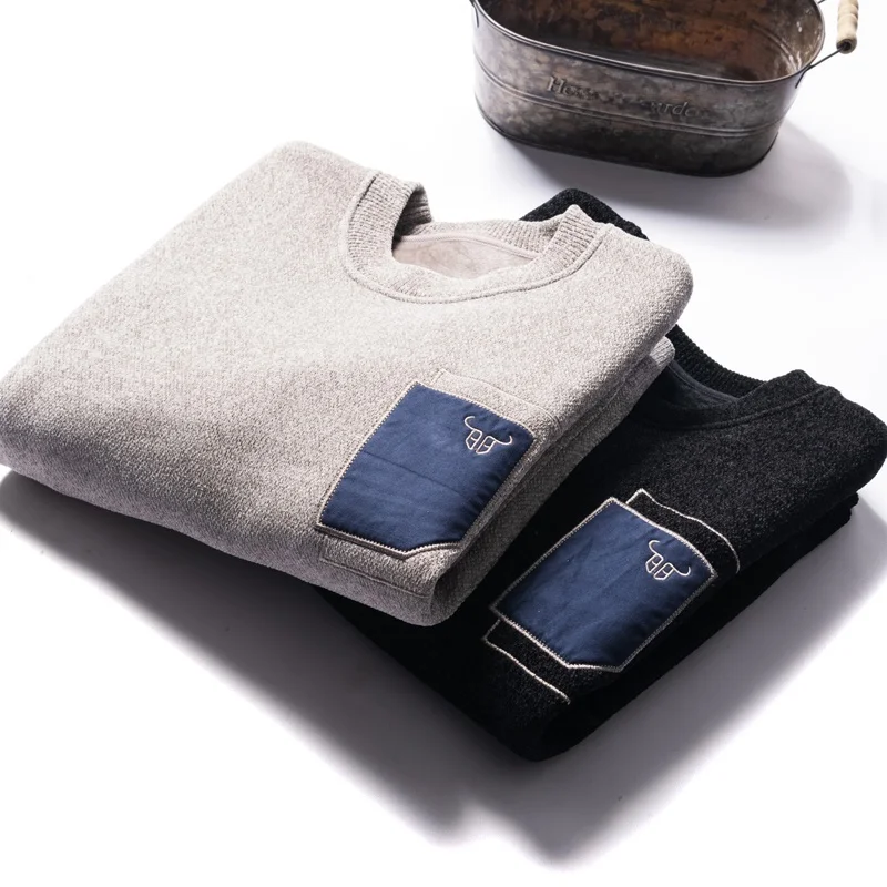 

Высококачественный мужской свитер-кардиган с флисовой подкладкой, вязаный, повседневный, модный, с пэчворком, осенне-зимний, свободного кроя, с круглым вырезом, для делового повседневного стиля