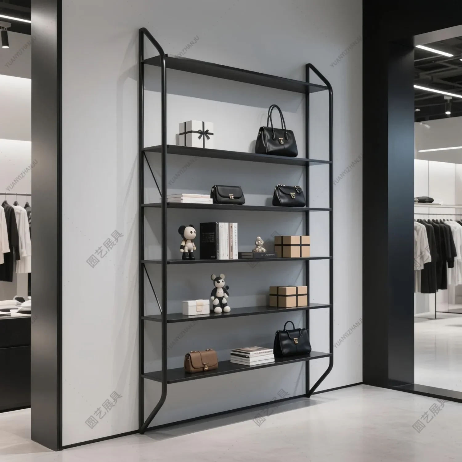 Clothing store shelves Multi-layer shelves On the wall Black storage shelves Storage racks Shoes and bags Sample display racks