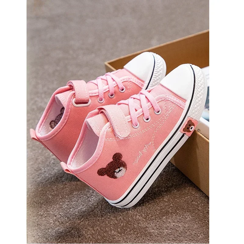 Four Seasons Children\'s New Fashion Canvas Shoes Boys Bear Print Casual Shoes Girls Lace-up Soft Bottom Flat Shoes Kids Sneakers