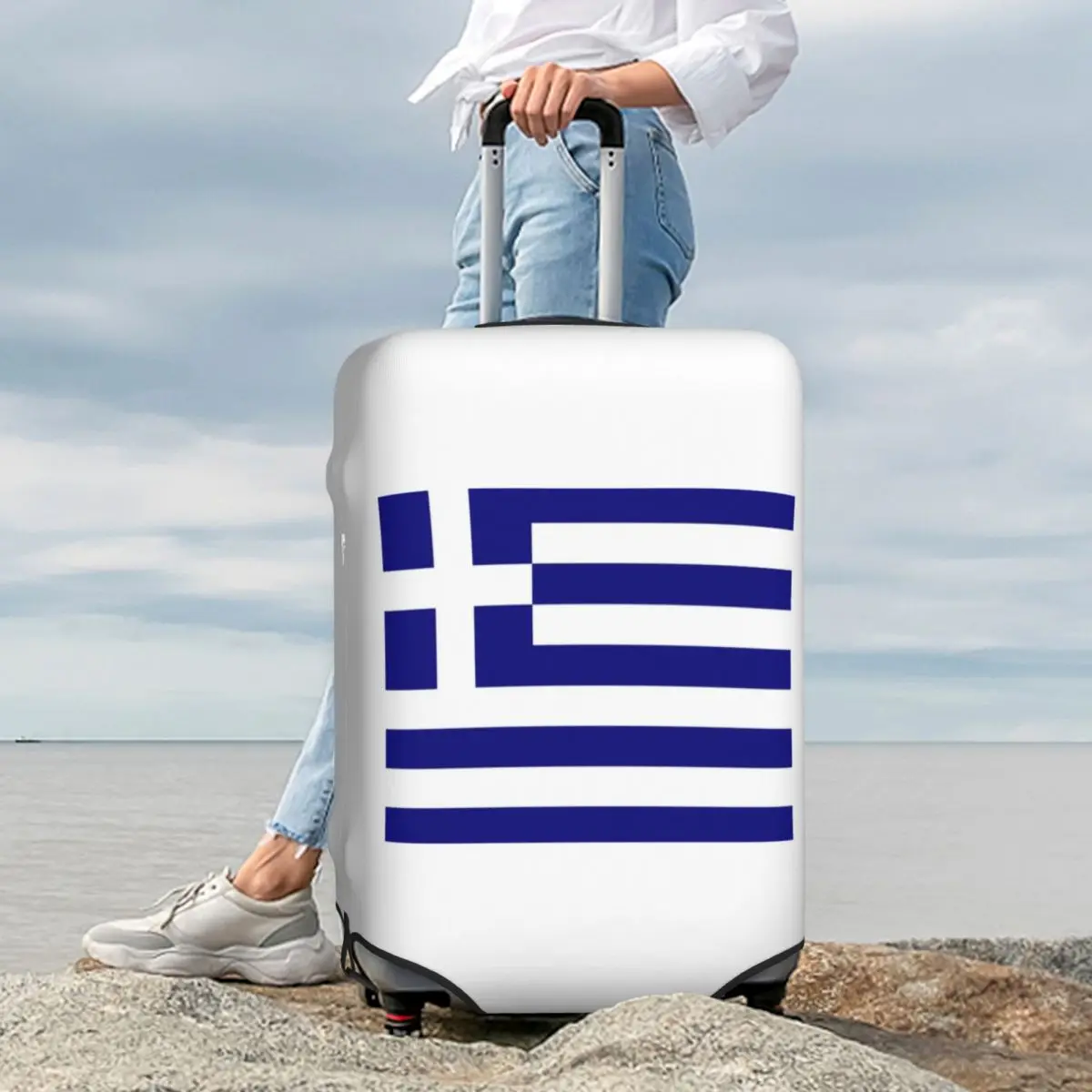 

Greece Greek Flag Suitcase Cover Protection Elastic Travel Luggage Protector Covers for 18-32 Inch