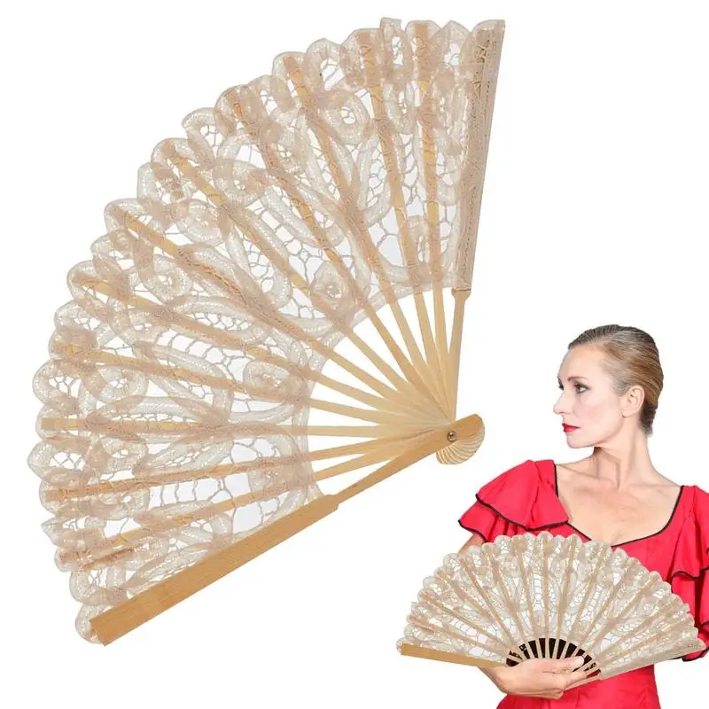 1pc Held Fan Pattern Folding Dance Wedding Party Lace Folding Hand Held Flower Fan Hand Held Fan For Stage Performances