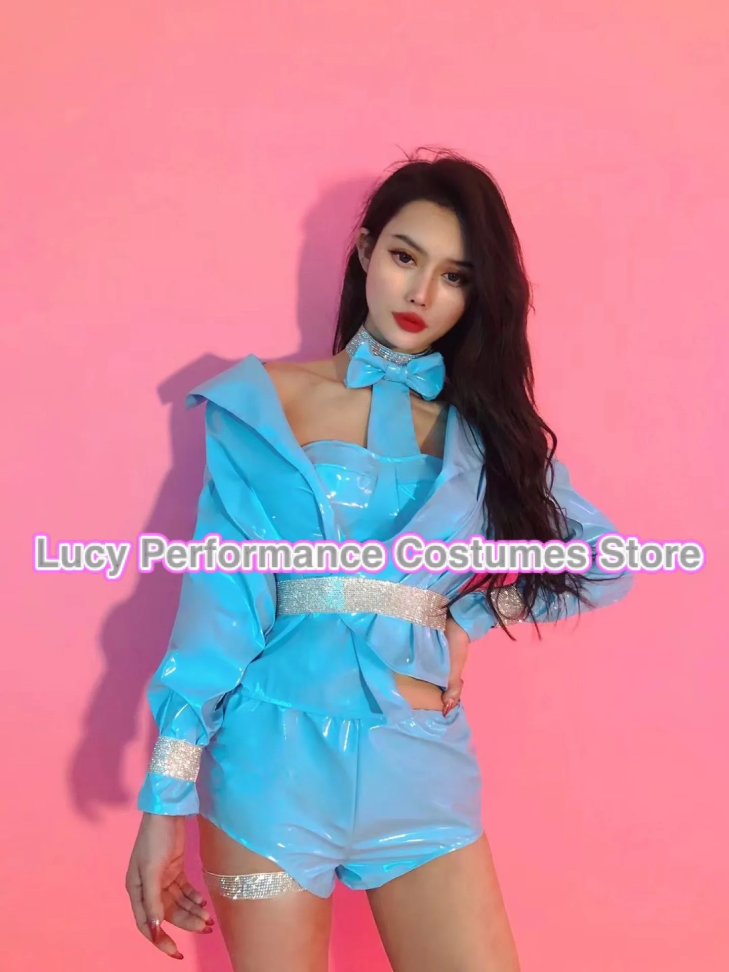 Nightclub bar blue patent leather glitter diamond bra shorts suit gogo performance clothes women's DJ nightclub partygirl perfor