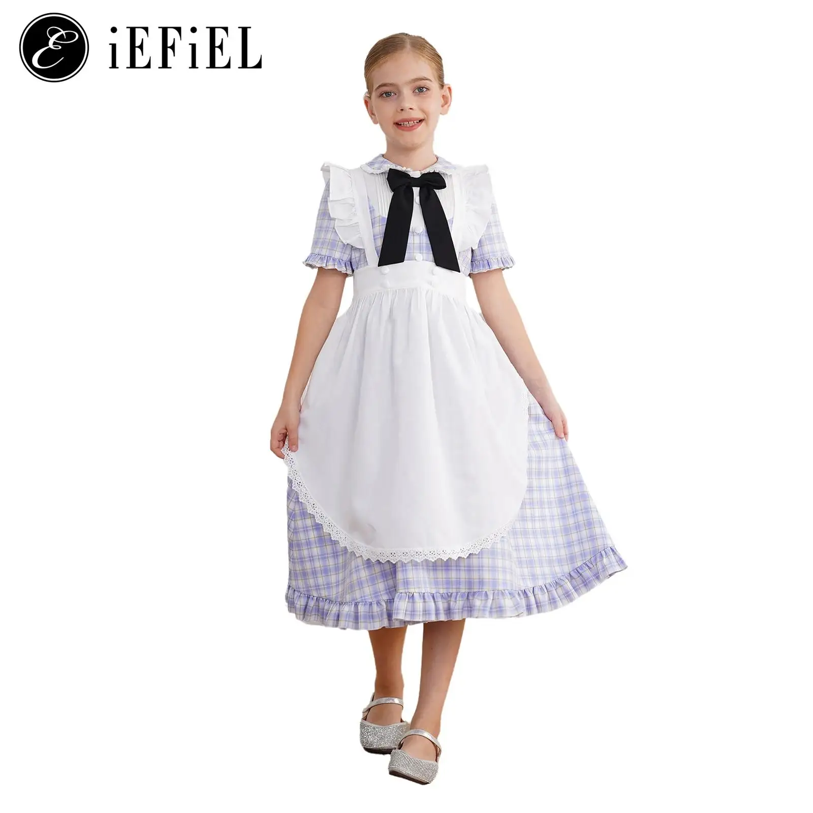 Girls Colonial Pioneer Cosplay Costume Floral Short Sleeve A Line Dress with Ruffles Apron Medieval Maid Historical Show Sets