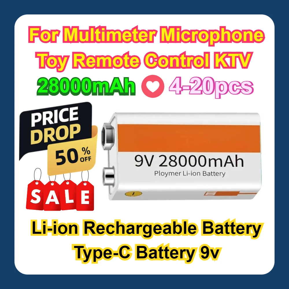 

4-20pcs For Multimeter Microphone Toy Remote Control KTV 9V Battery 28000mAh Li-ion Rechargeable Battery Type-C Battery 9v