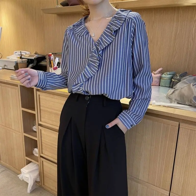 Minimalist Commuter Autumn New Women's Blouse V-Neck Printed Striped Spliced Ruffles Elegant Loose Unique Long Sleeve Shirt