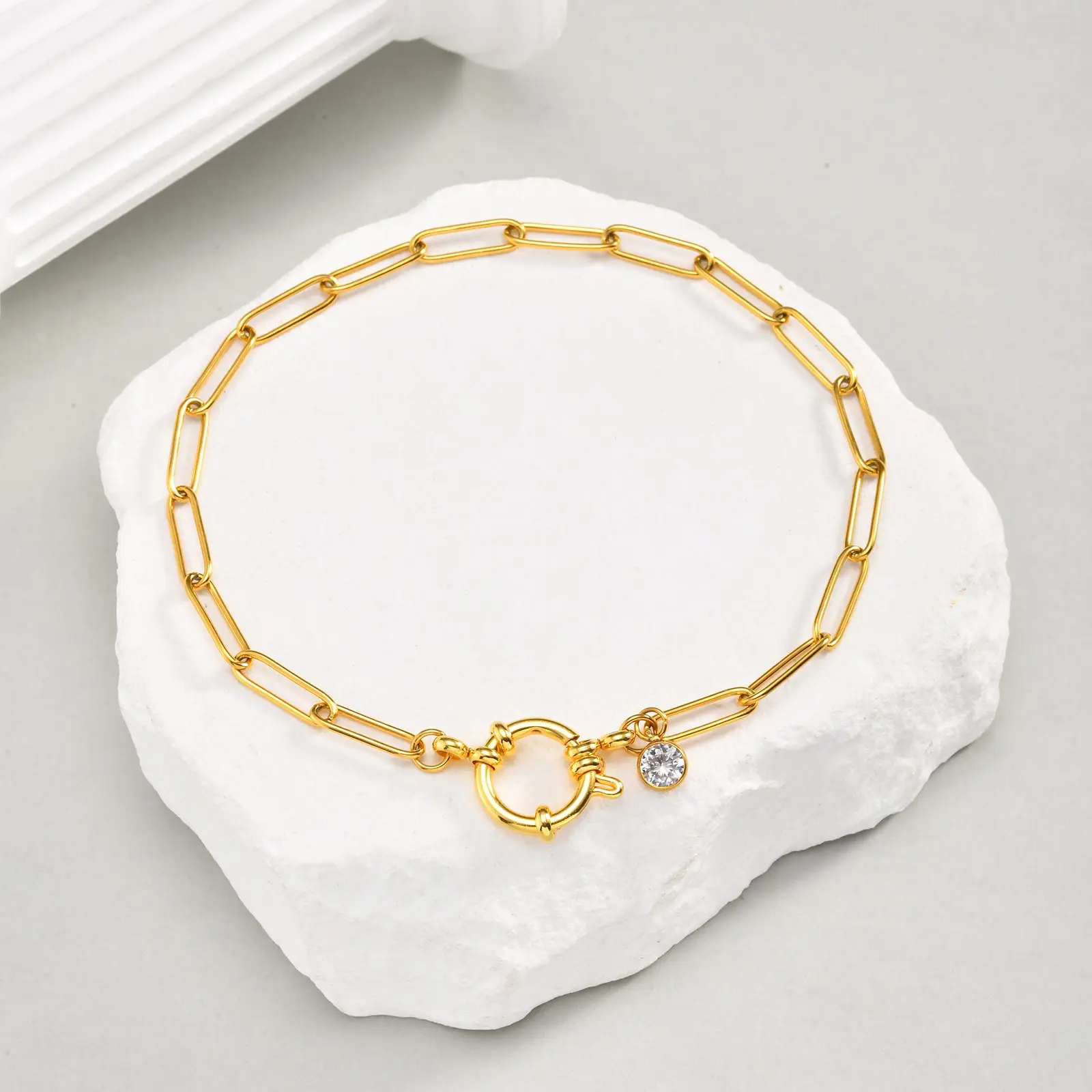 Spring Clasps Chain Ankle Bracelet For Women, Stainless Steel Paperclip Link Zircon Anklet, Waterproof Fashion Foot Jewelry Gift