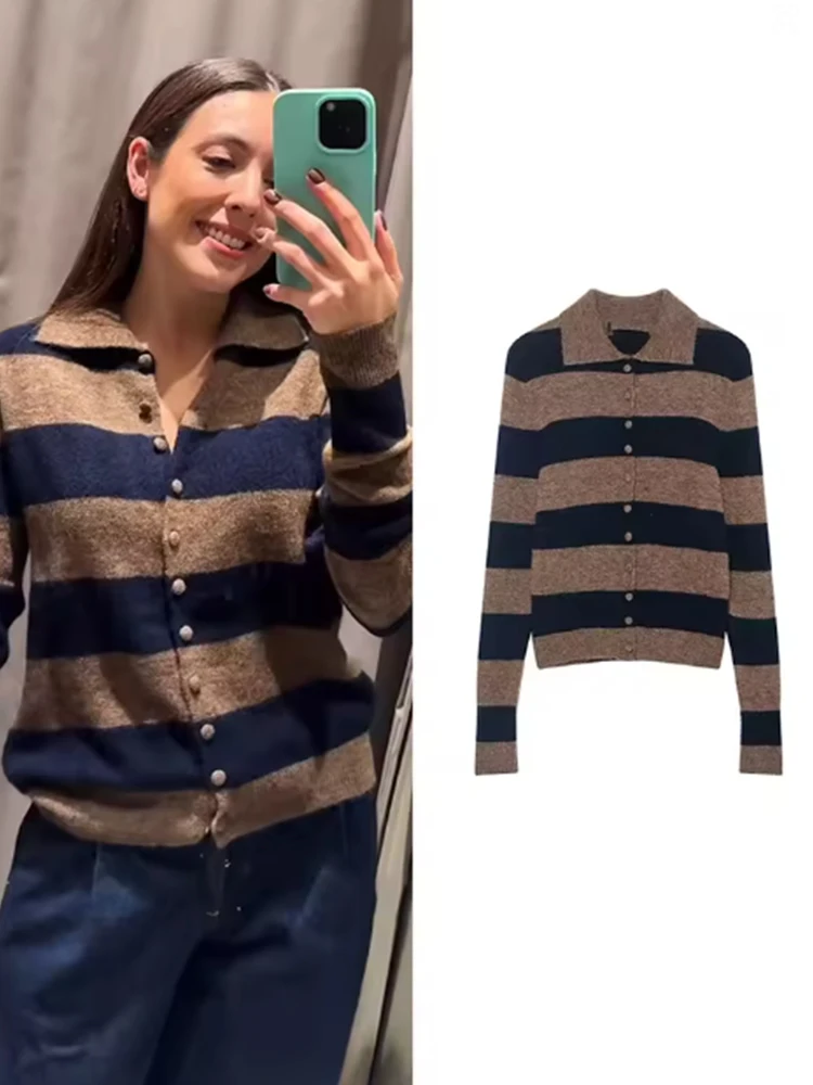Women's New Contrast Striped Knit Cardigan Women's Autumn And Winter Loose Short Sweater Coat Color Matching Sweater