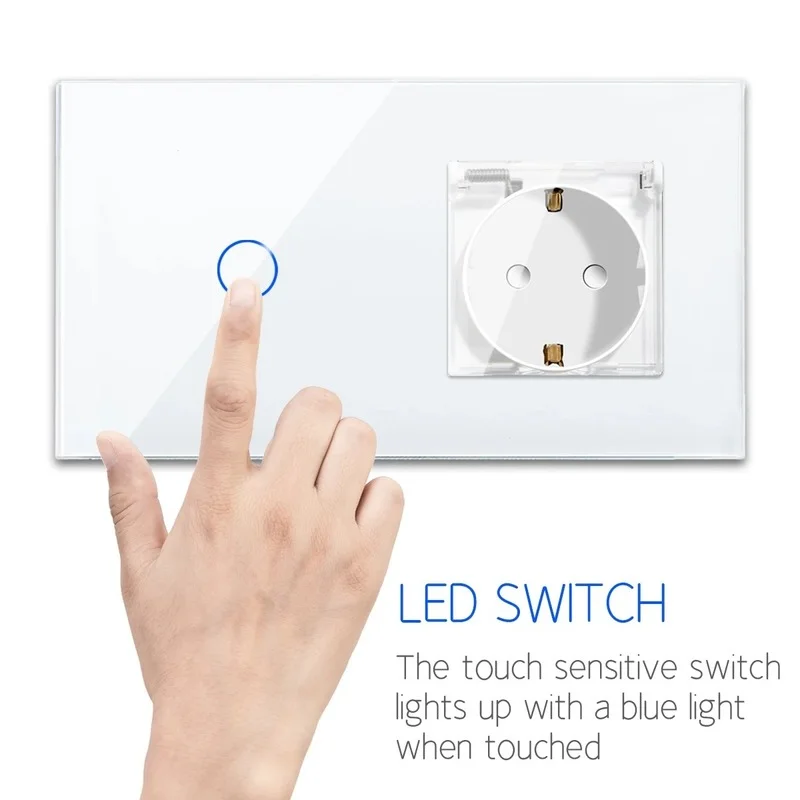 Bingoelec WaterProof Touch Switch 1/2/3Gang with EU Standard Wall Sockets 16A Crystal Glass Panel Switches