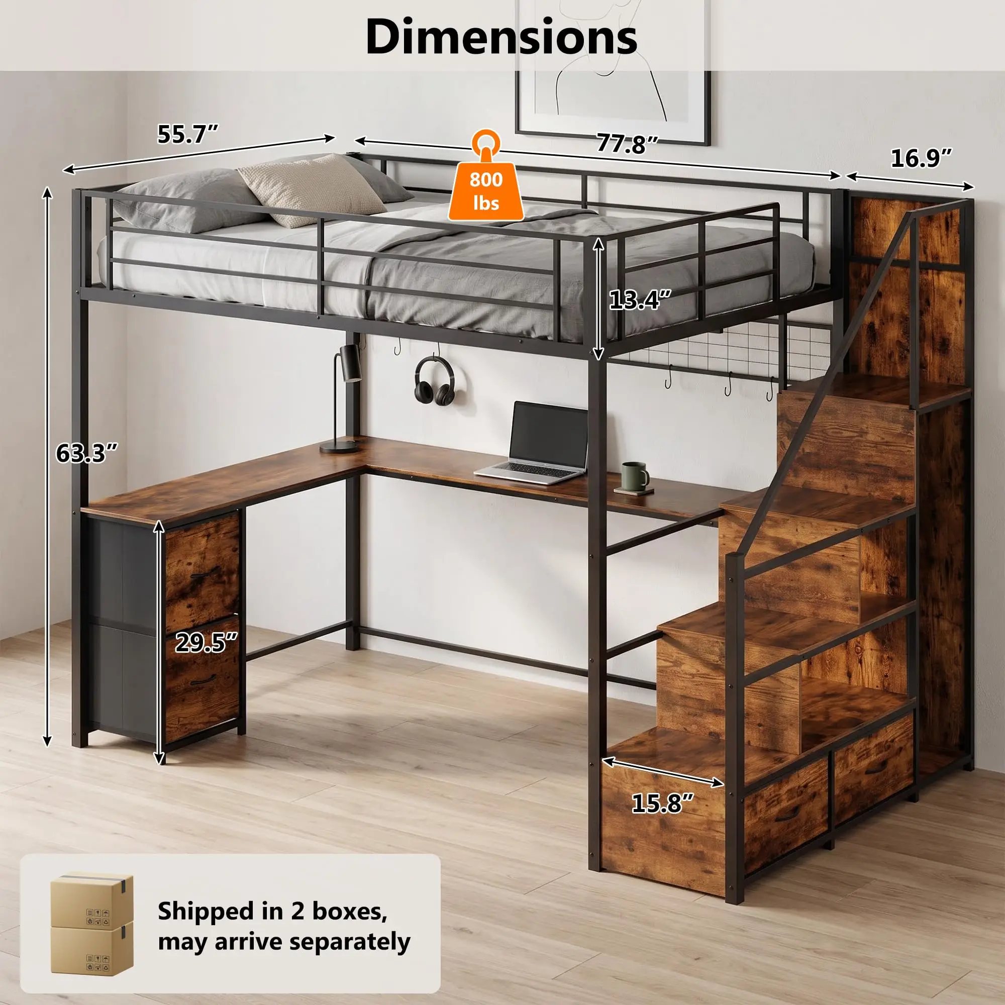 Full Size Loft Bed with L-Shaped Desk and Storage Stairs, Rustic Brown