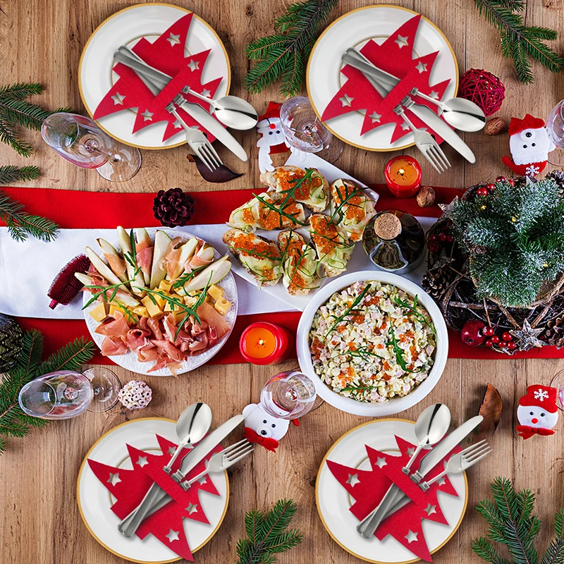 10pcs Christmas Knife and Fork Holder Elk Xmas Tree Pocket Cutlery Bag Non-woven fabric Cookware Organizer Table Decor view 4