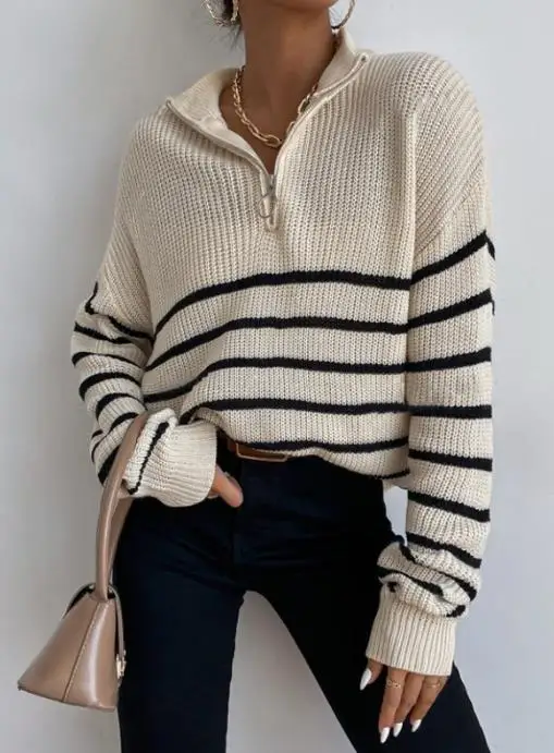 

2025 Fashion Pullover, Half Zipper Striped Long Sleeved Knitted Sweater, Autumn Lapel,contrasting Color Splicing Women's Sweater
