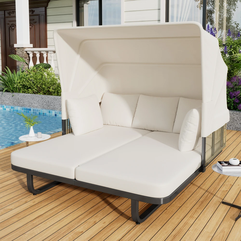

YQXH 57" Outdoor Patio Daybed Rattan Daybed Outdoor Sunbed with Detachable Pillows for Patio, Backyard, Pool, Beige