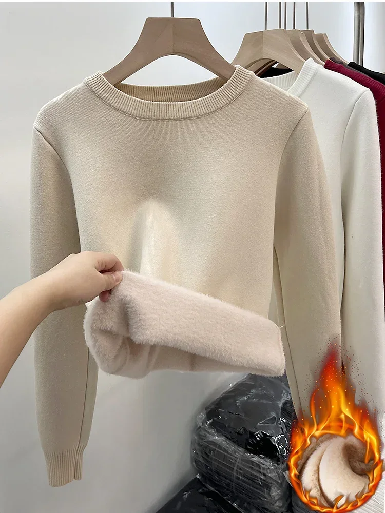 Women\'s O-neck Plus Velvet Thicken Sweaters Winter Slim Warm Long Sleeve Knitted Tops Casual Basic Fleece Lined Soft Pullover