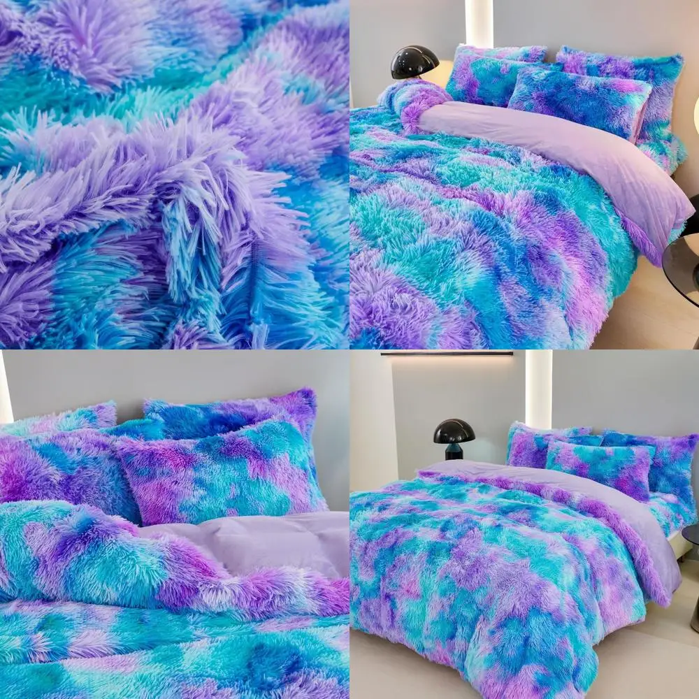 

Purple Tie-Dye Faux Fur Queen Duvet Cover Set with Plush Velvet and Pillowcases for Girls