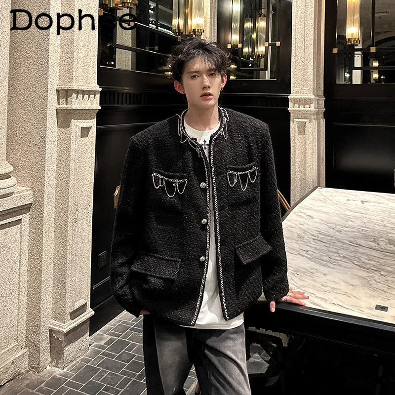 

2025 мужские осенние новые куртки ручной работы, мужские модные дизайнерские куртки с металлическими булавками, мужские маленькие ароматные темпераментные пальто