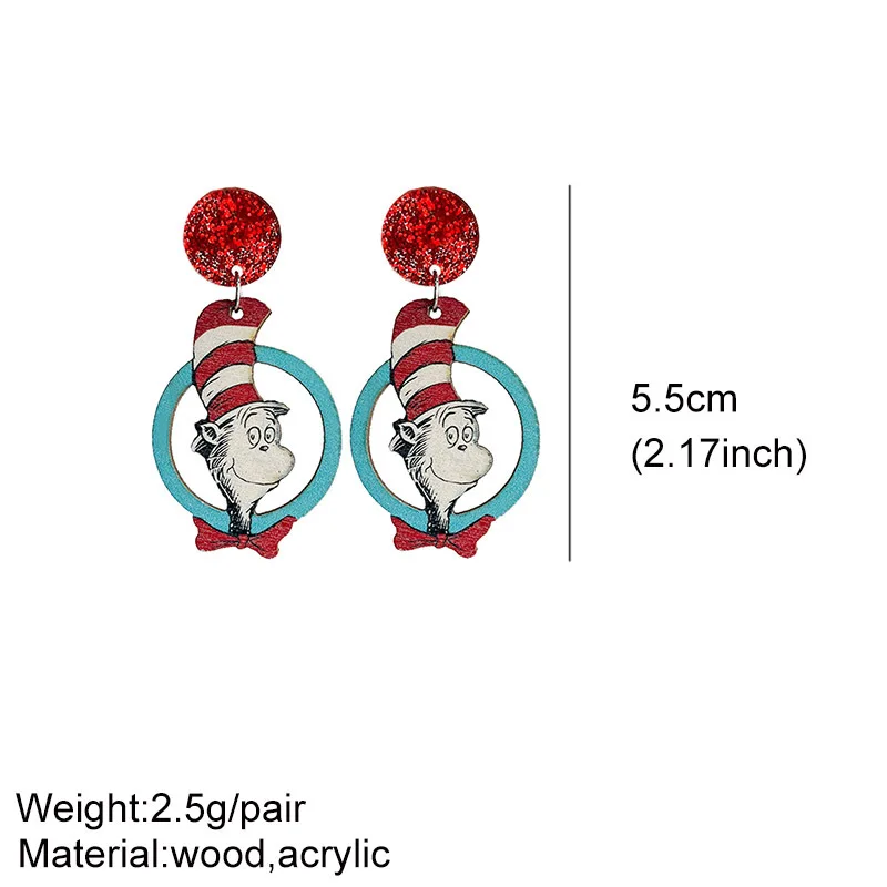 Sparkling red earrings for teachers to read fun gentlemen\'s hats for cats  wooden printed earrings for teachers students jewelry