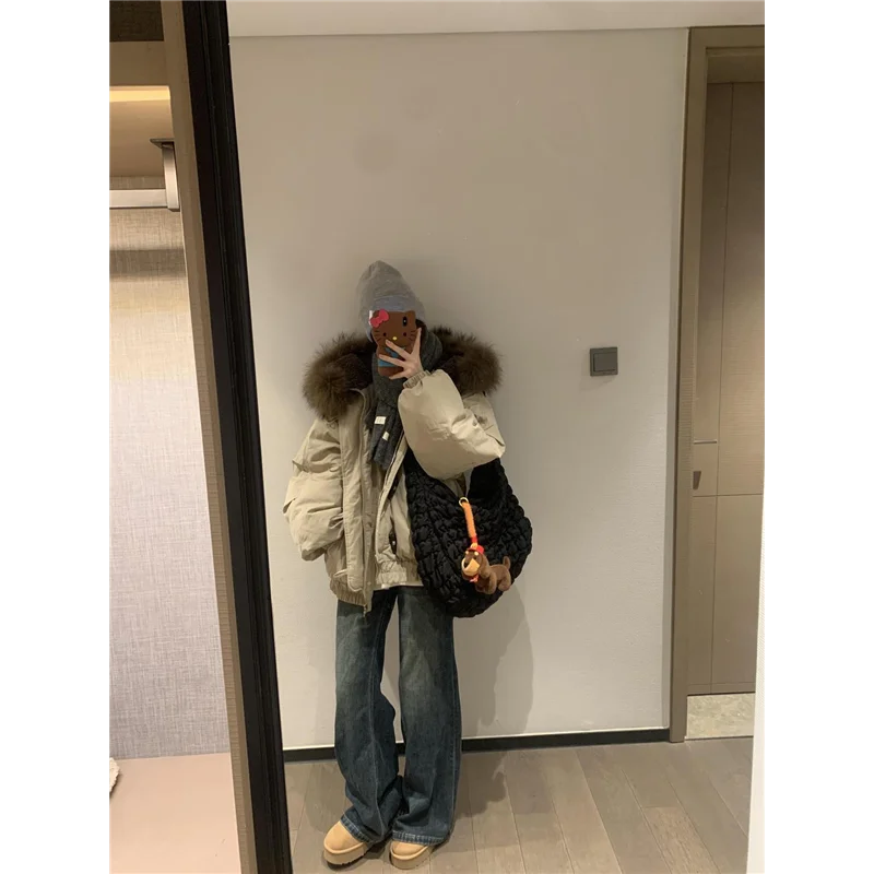 

Новая корейская хлопковая куртка с длинными рукавами, меховым воротником и капюшоном, в стиле Spicy Girl, повседневная, свободного кроя