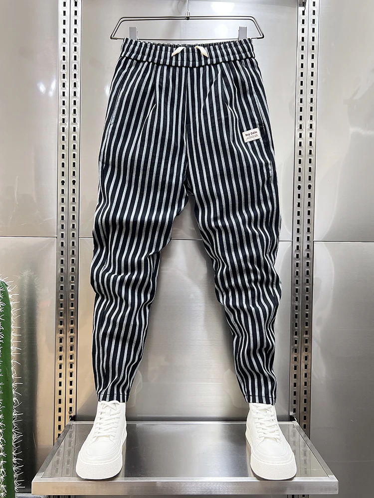 Slim Fit Men's Elastic Sporty Harlan Thin Summer Nine Points Striped Casual Pants Korean Style Youthful Daily Wear