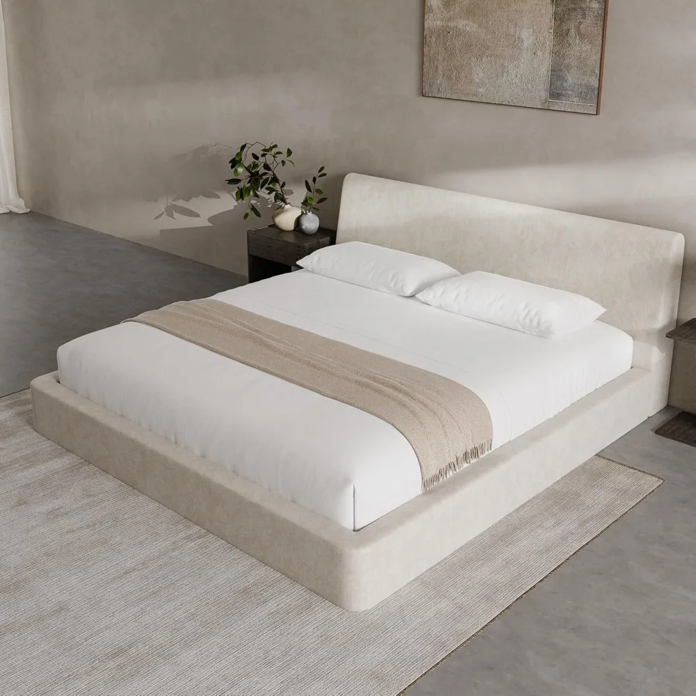 Cloud King Size Bed Frame with Ergonomic Angled Foam Cushioned Headboard, Minimalist Design Platform Bed Frame, Customized